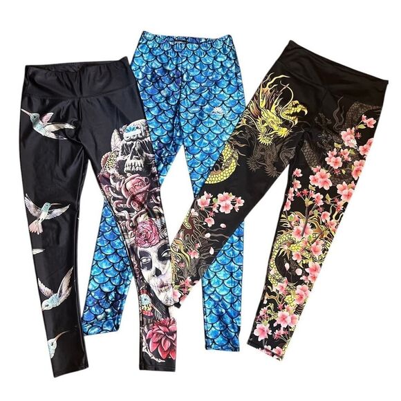 Lotus Leggings 3pc Lot Small/Medium Goth Dragon Graphic Floral S/M - Picture 1 of 7